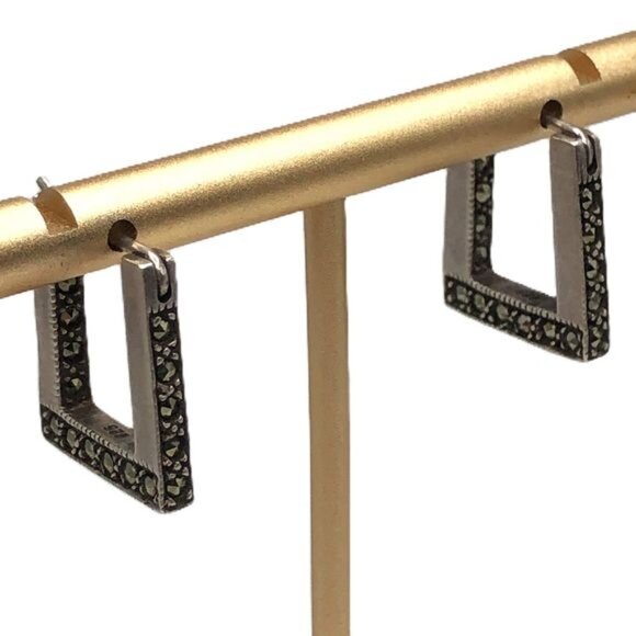 Jewelry - Square Hoop Earrings Sterling Silver Marcasite Glimmer Hinged Milgrain